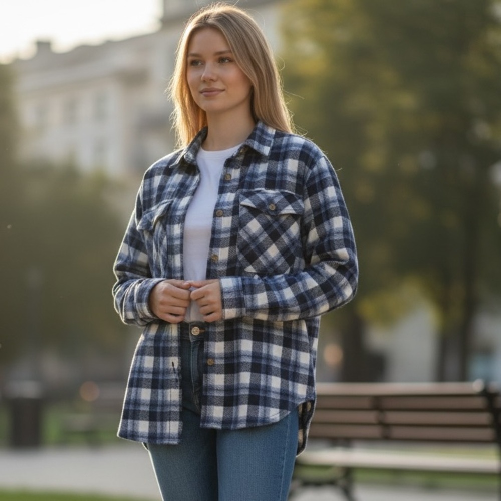 Just Polly Blue Plaid Flannel Button Down Shirt Women’s Large Long Sleeve Casual